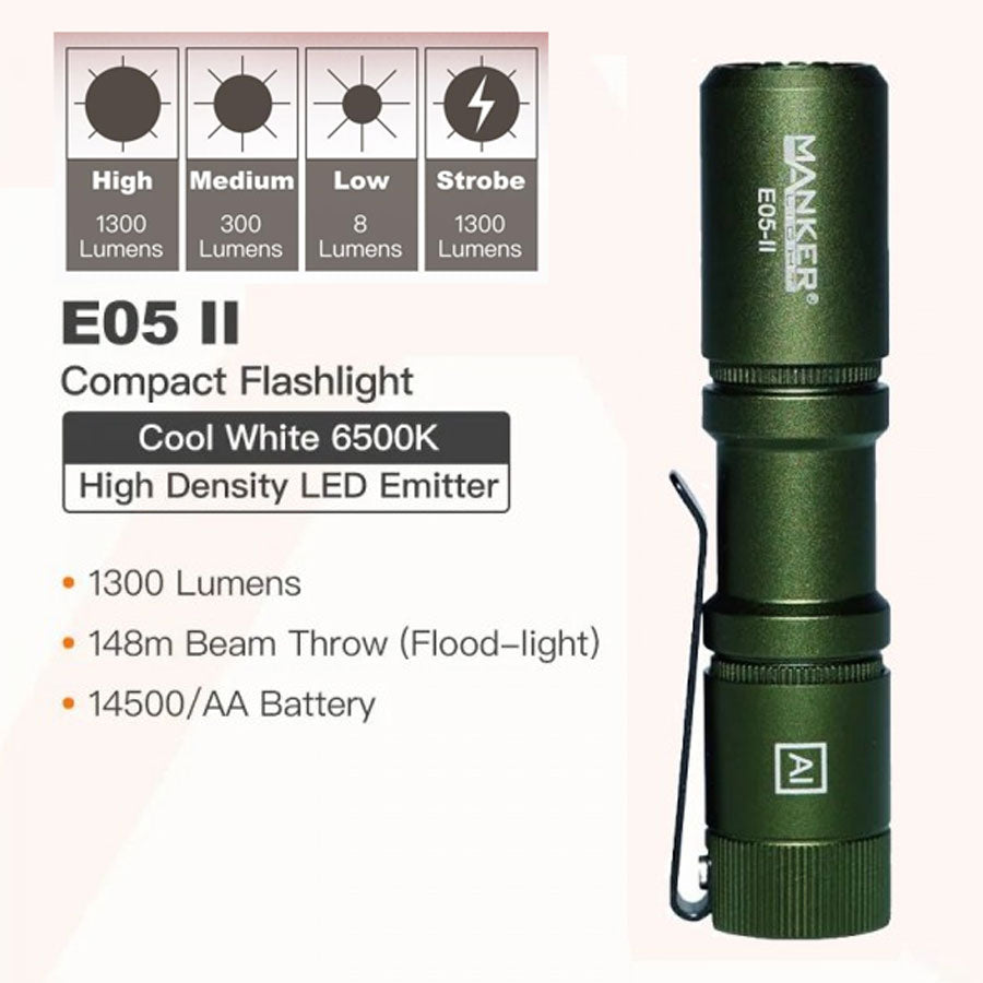 Manker E05 II EDC Rechargeable Flashlight (Army Green) (2 Versions)