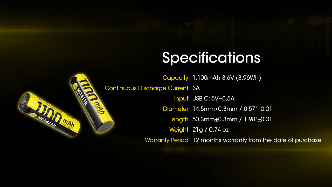 Nitecore Battery NL1411R 1100mAh USB-C Rechargeable