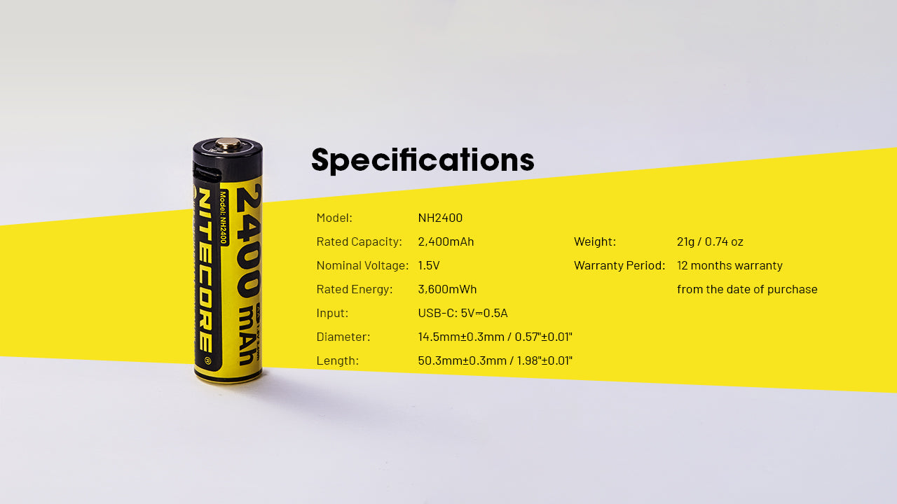 Nitecore Battery NH2400 2400mAh USB-C Rechargeable AA Battery (4pc Pack)