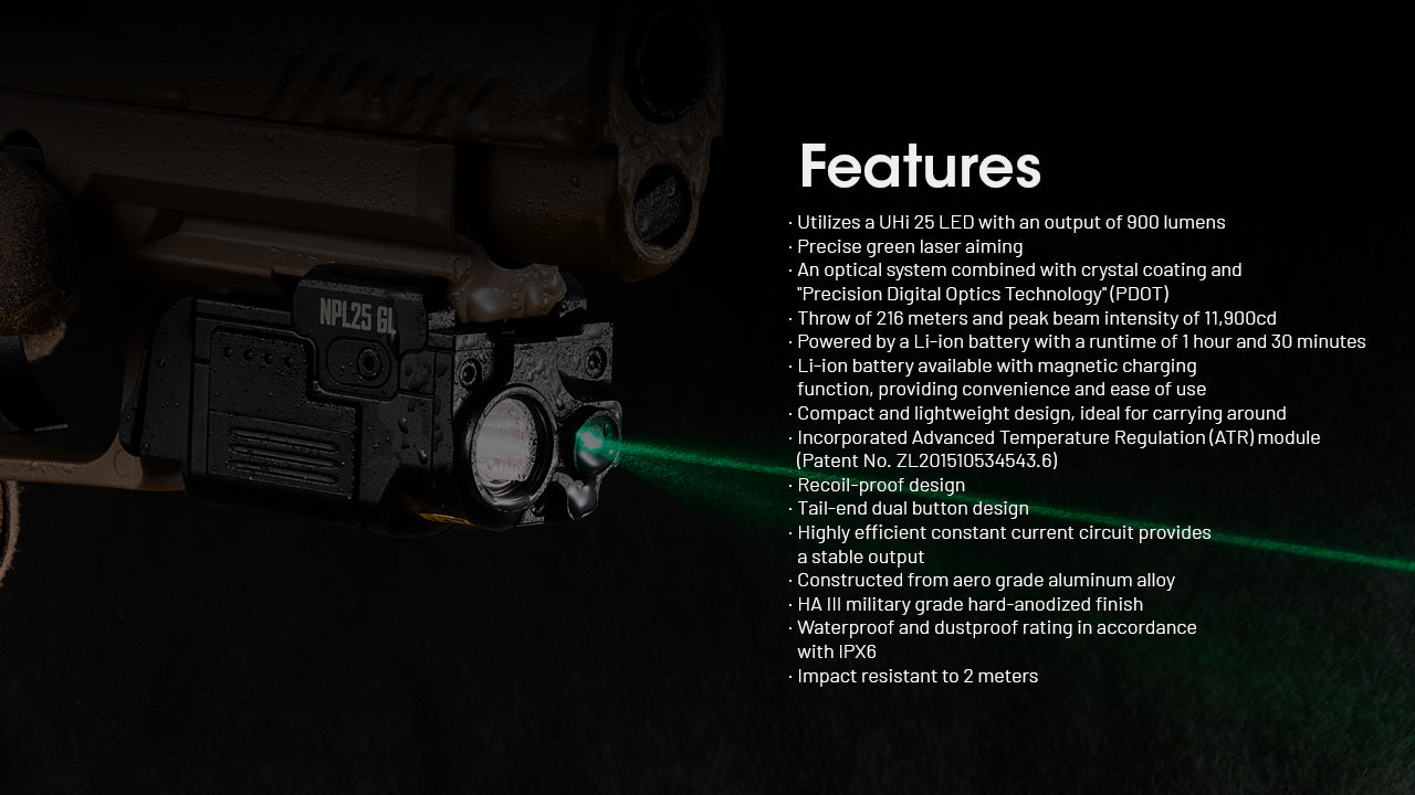 Nitecore NPL25 GL Compact Tactical Light White With Green Laser Sight (900 Lumens)
