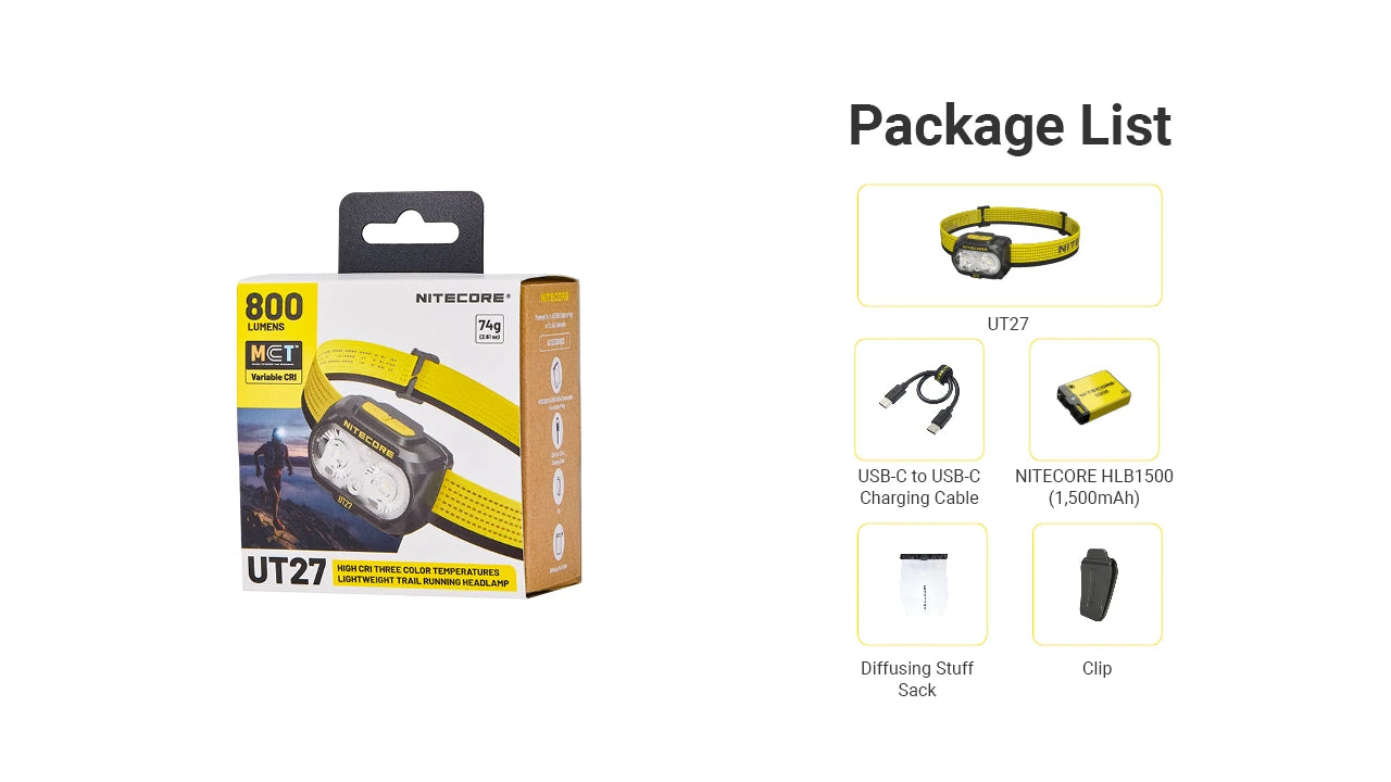 Nitecore UT27 MCT Rechargeable Headlamp Pro Package (Shadow Black) (800 Lumens)
