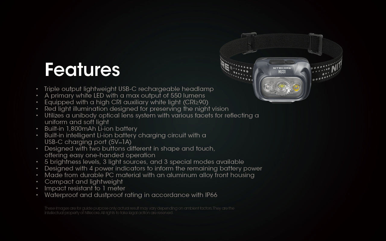 Nitecore NU31 Triple Output Lightweight Rechargeable Headlamp (550 Lumens) (3 Versions)