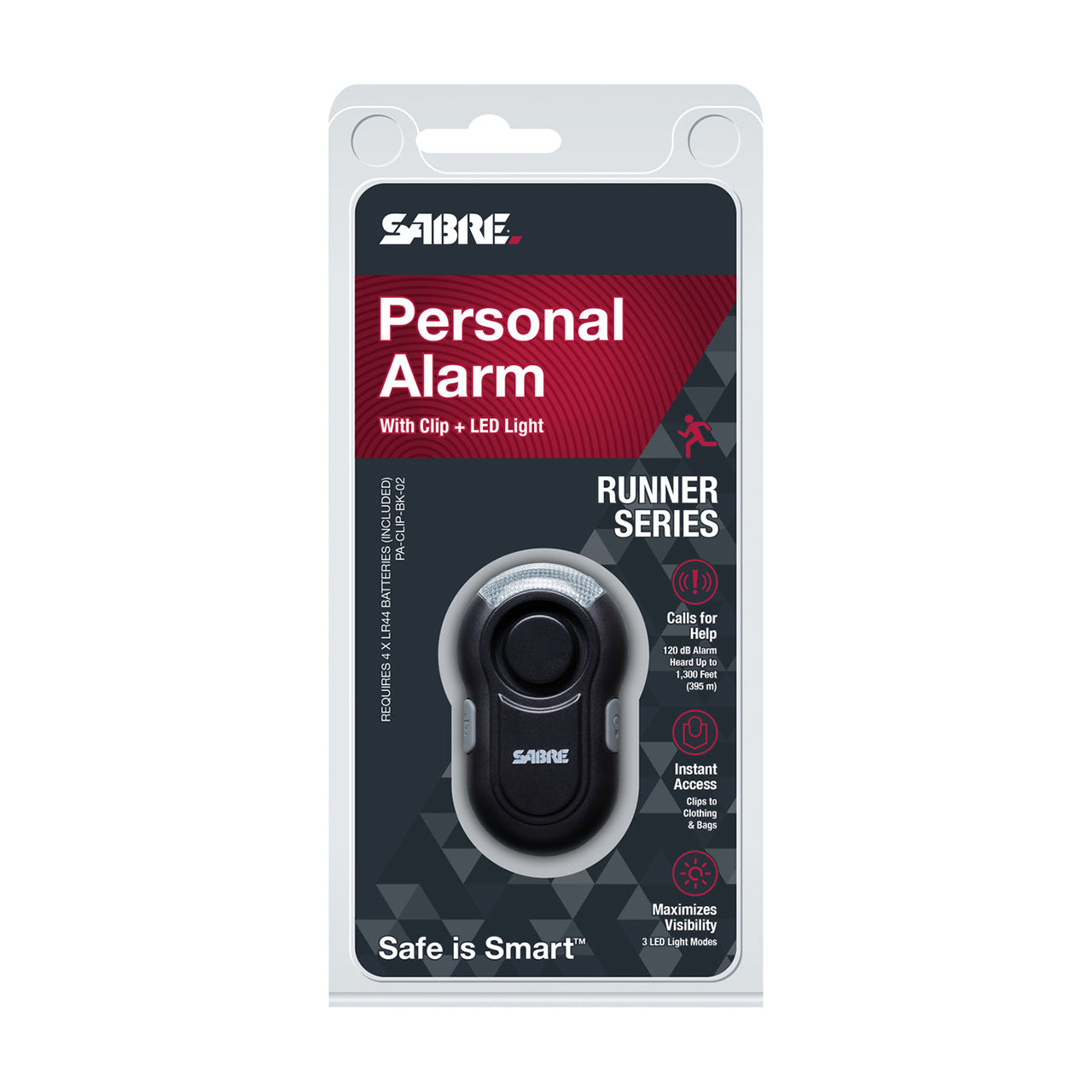 SABRE Personal Alarm With LED Safety Light (2-in-1 Clip-On / Black)