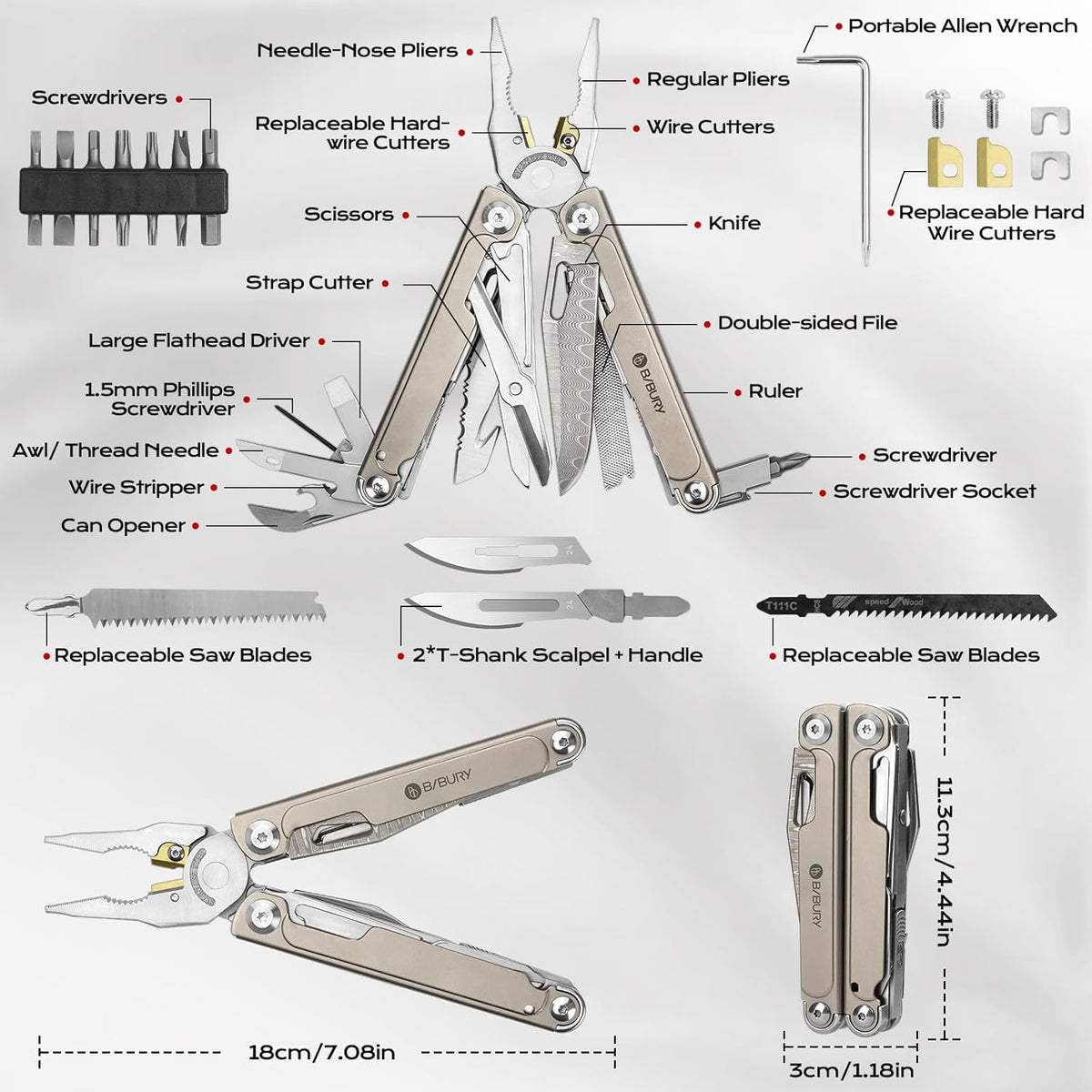 Bibury Plier Multitool Pro V2 Titanium (21-in-1)