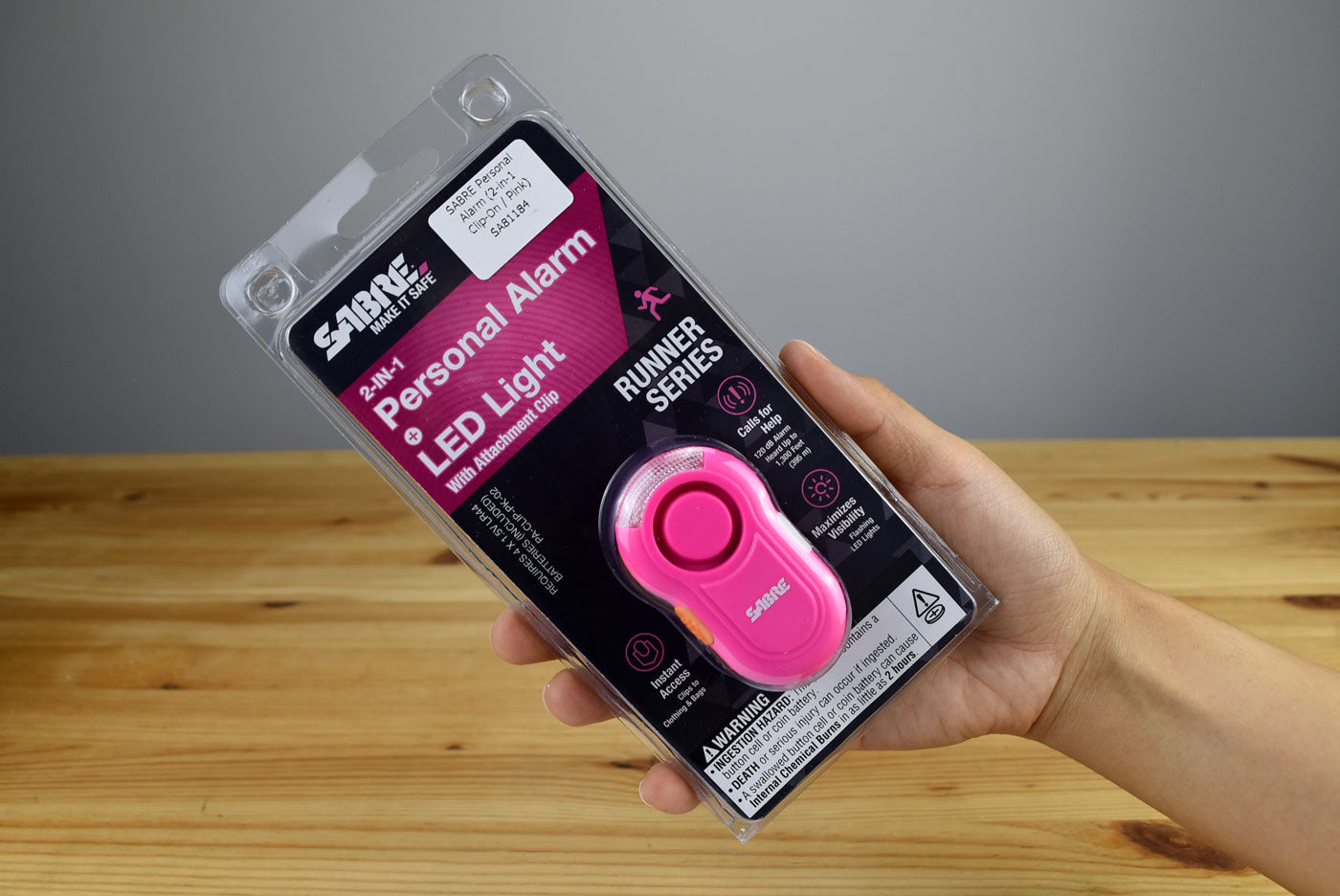 SABRE Personal Alarm With LED Safety Light (2-in-1 Clip-On / Pink)