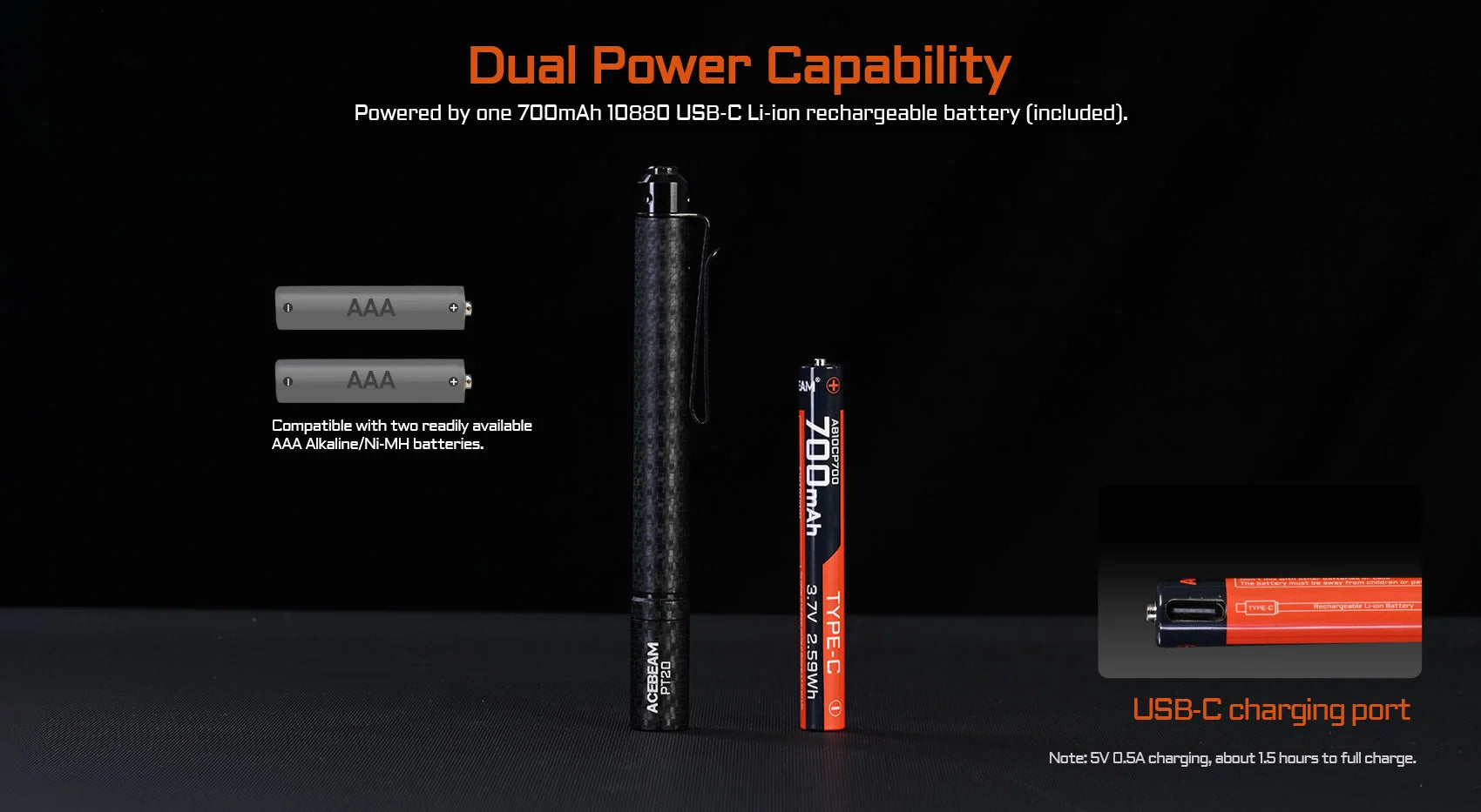 Acebeam PT20 2-AAA EDC Rechargeable Penlight (500 Lumens) (2 Versions)