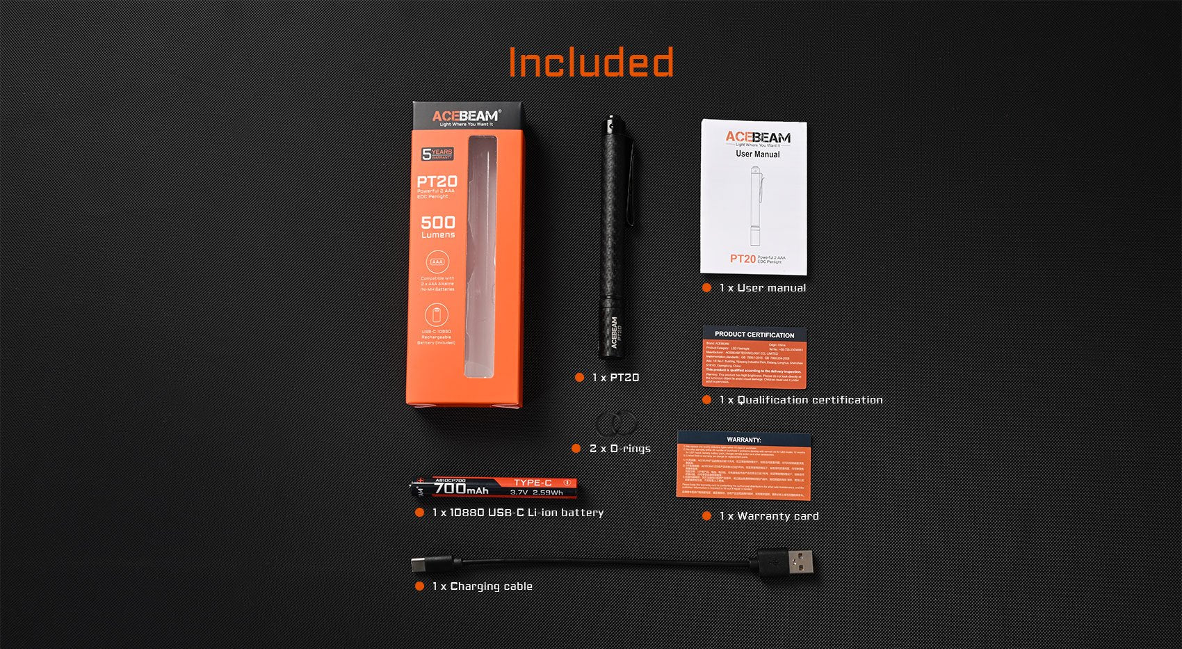 Acebeam PT20 2-AAA EDC Rechargeable Penlight (500 Lumens) (2 Versions)