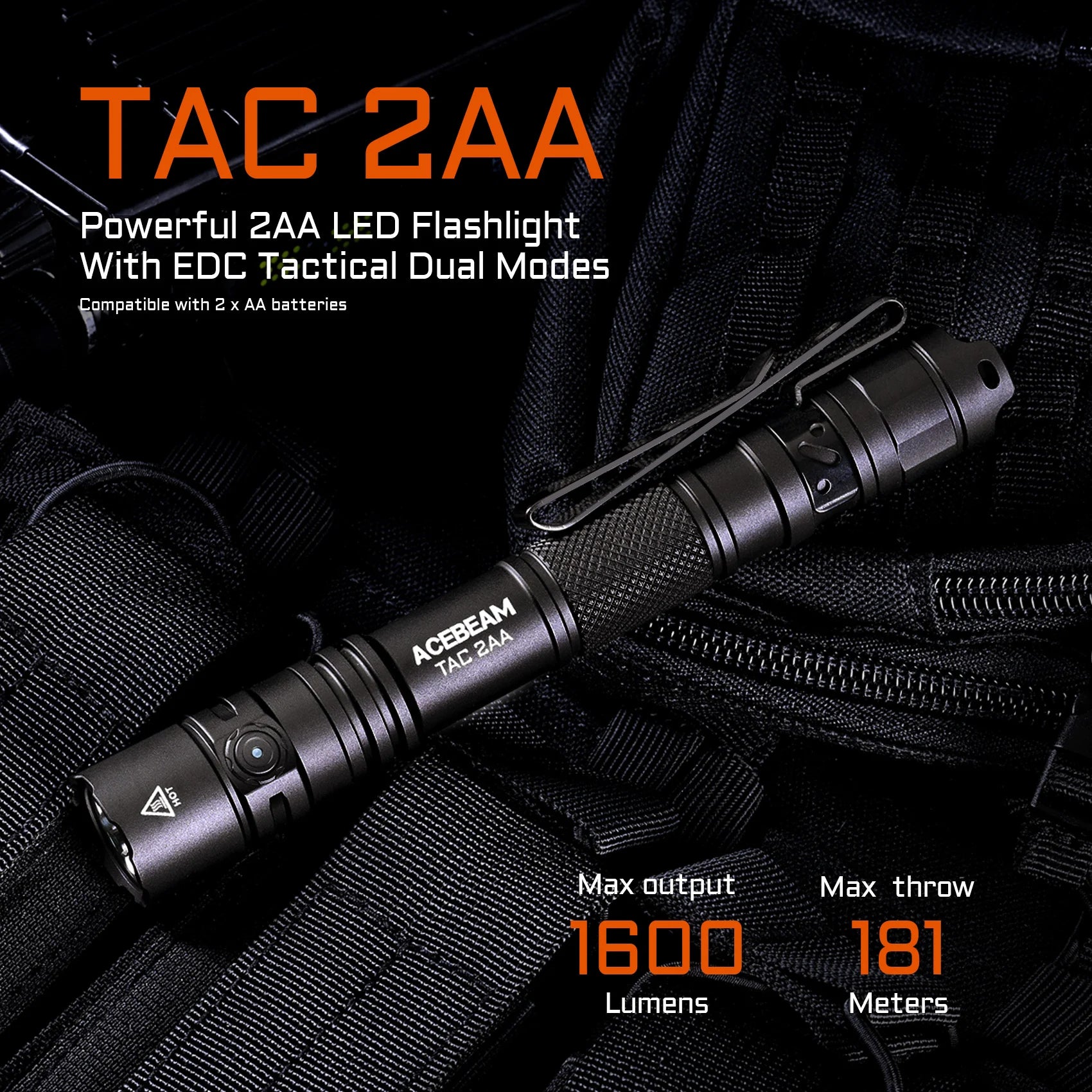 Acebeam TAC 2AA Rechargeable Flashlight (1600 Lumens) (Black)