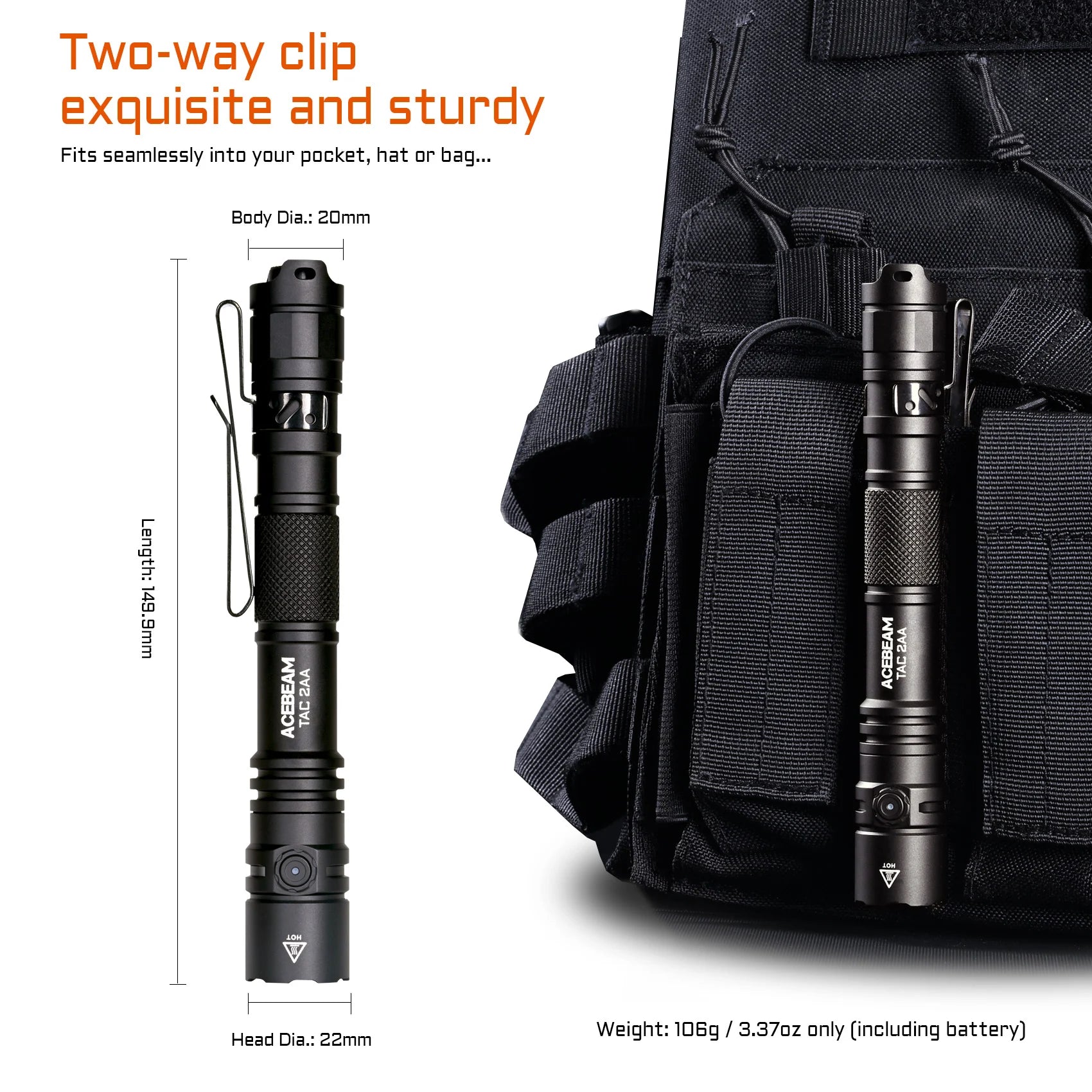Acebeam TAC 2AA Rechargeable Flashlight (1600 Lumens) (Black)