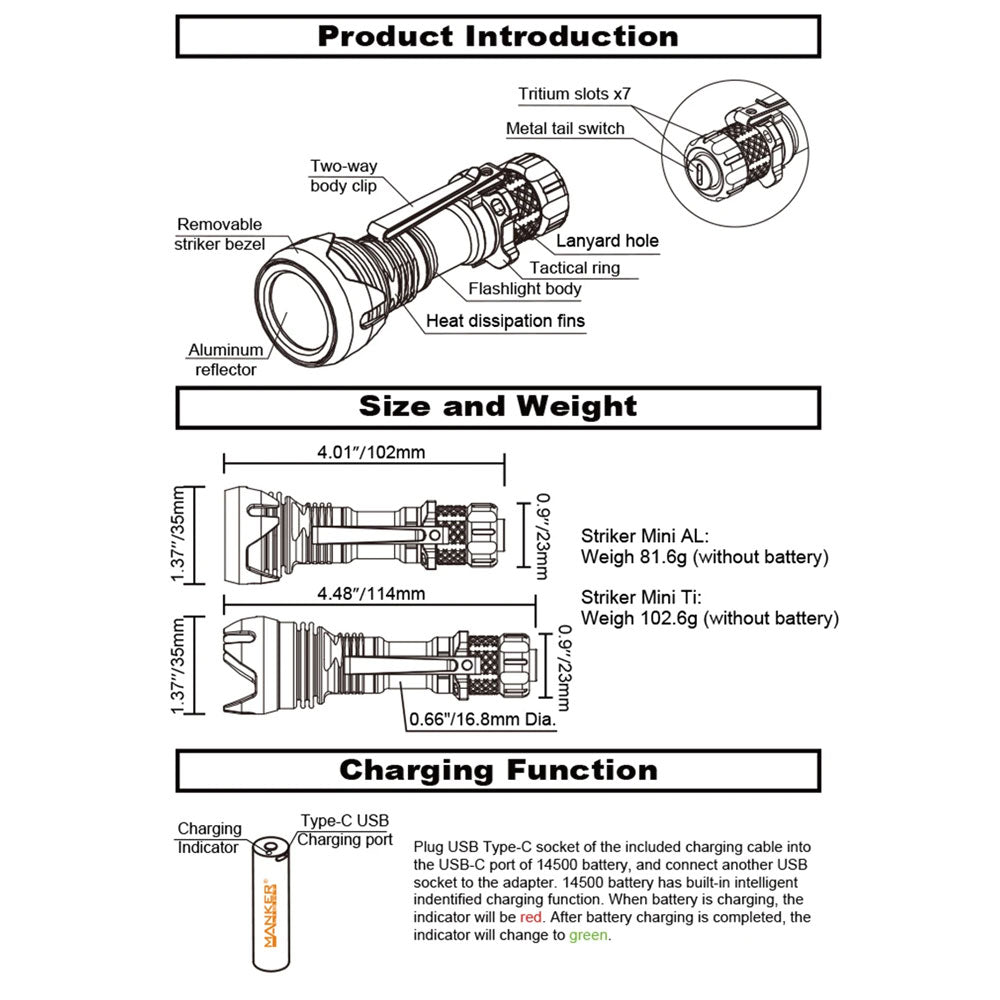 Manker Striker Mini Titanium Rechargeable Flashlight (635 Lumens) (2 Versions)