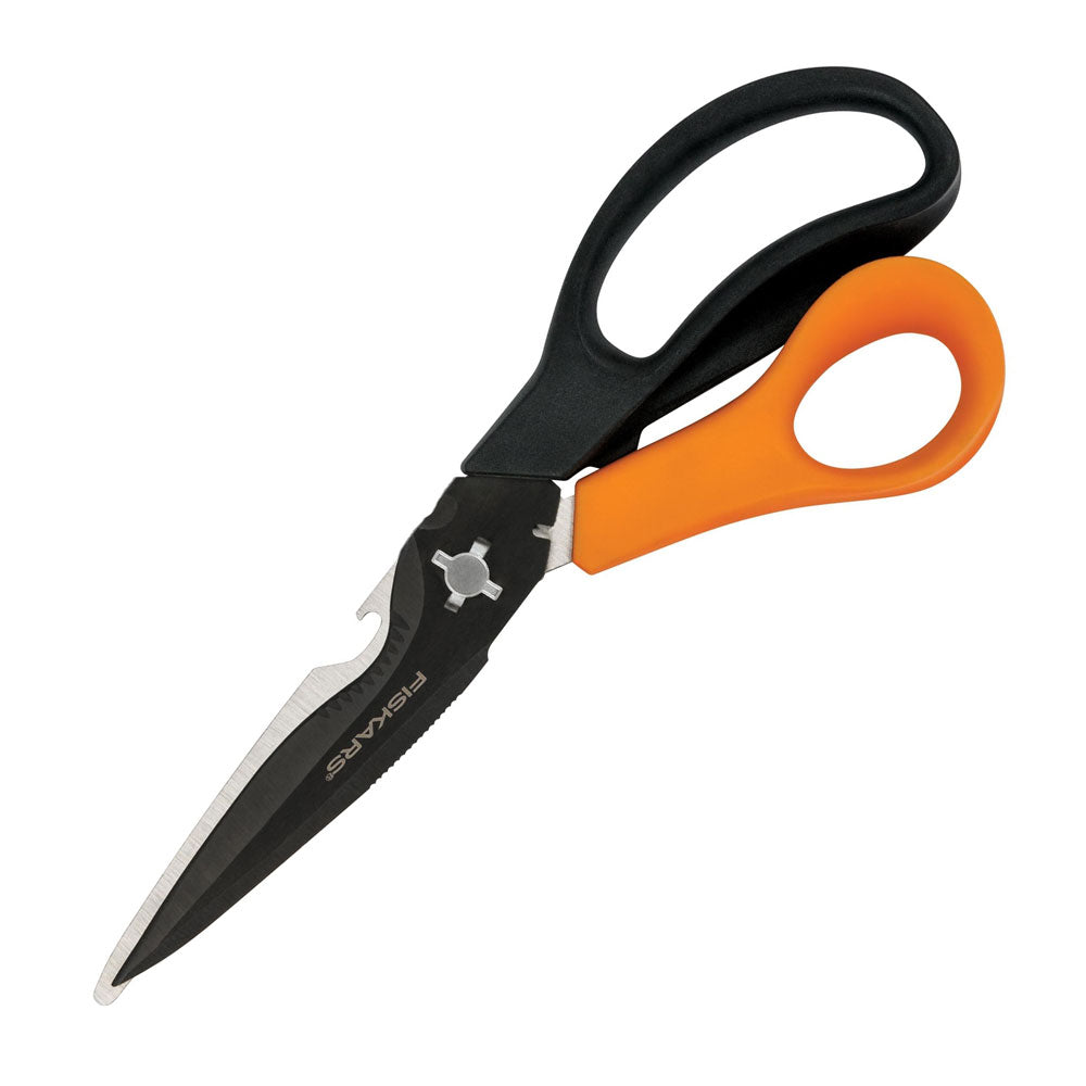 Fiskars Multipurpose Garden Pruning Shears includes Power Notch to Cut  Rope, Awl Tip to Pierce, Bottle Opener, Titanium Knife with Sheath/ Tape  Cutter/ Ceramic Scissors Sharpener