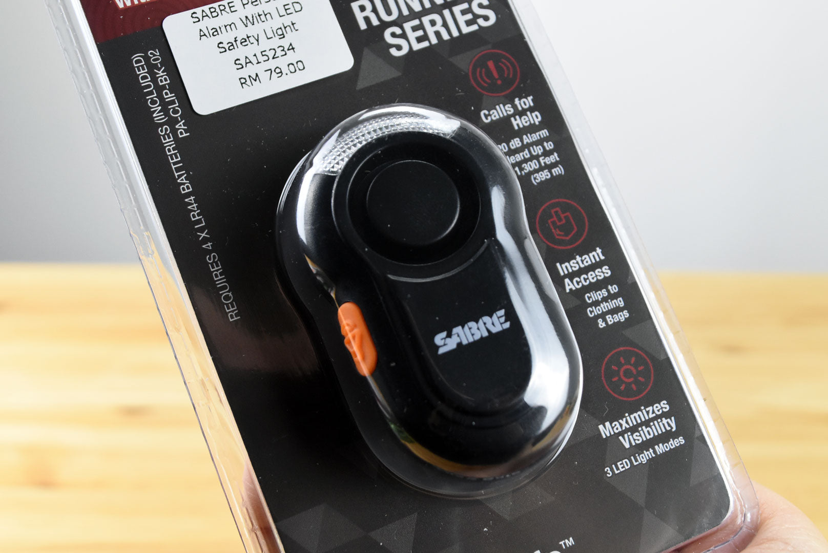 SABRE Personal Alarm With LED Safety Light (2-in-1 Clip-On / Black)