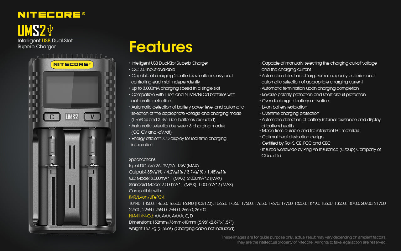 Nitecore UMS2 Intelligent USB Dual-Slot Superb Battery Charger