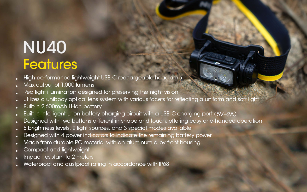 Nitecore NU40 Spotlight + Floodlight Rechargeable Headlamp (1000 Lumens)