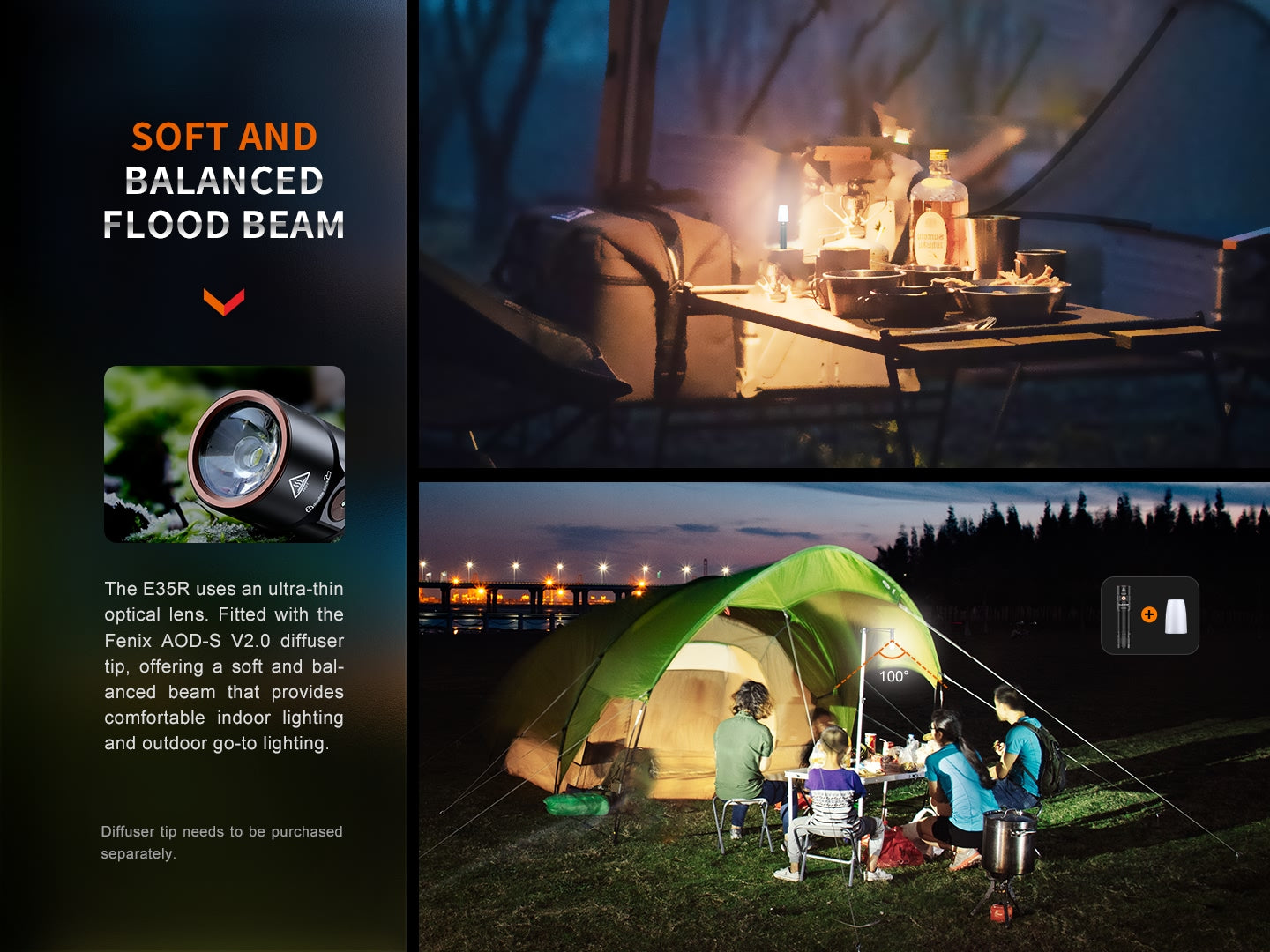 Fenix E35R Rechargeable Flashlight + AOD-S V2.0 Diffuser Kit (3100 Lumens)