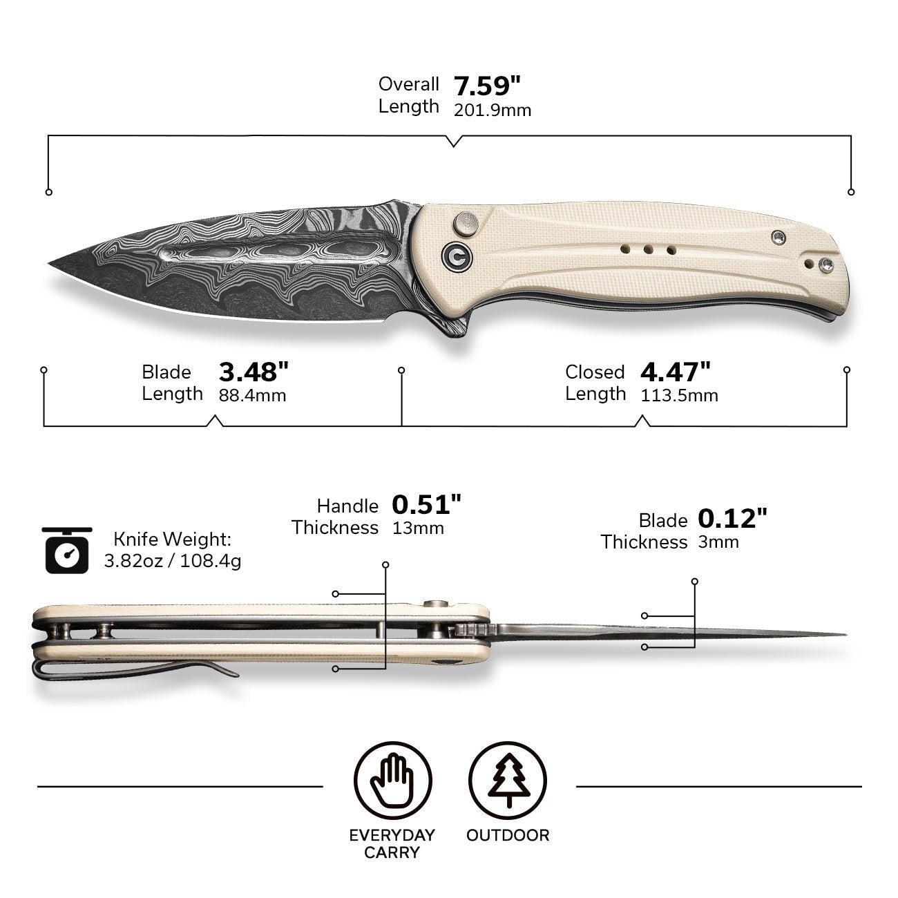 Civivi C23053-DS1 Incindiel Folding Knife (Ivory G10 Handle)