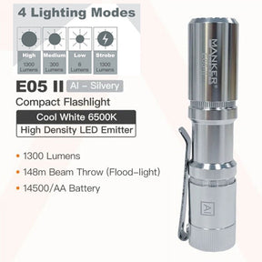 Manker E05 II EDC Rechargeable Flashlight (Silver) (2 Versions)