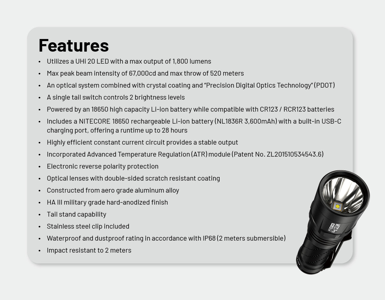 Nitecore MT2C Pro Tactical Rechargeable Flashlight (1800 Lumens)