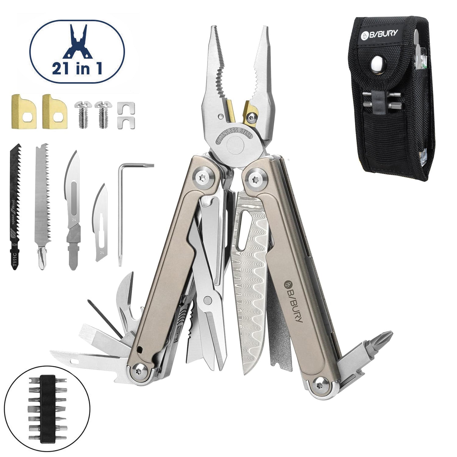 Bibury Plier Multitool Pro V2 Titanium (21-in-1)