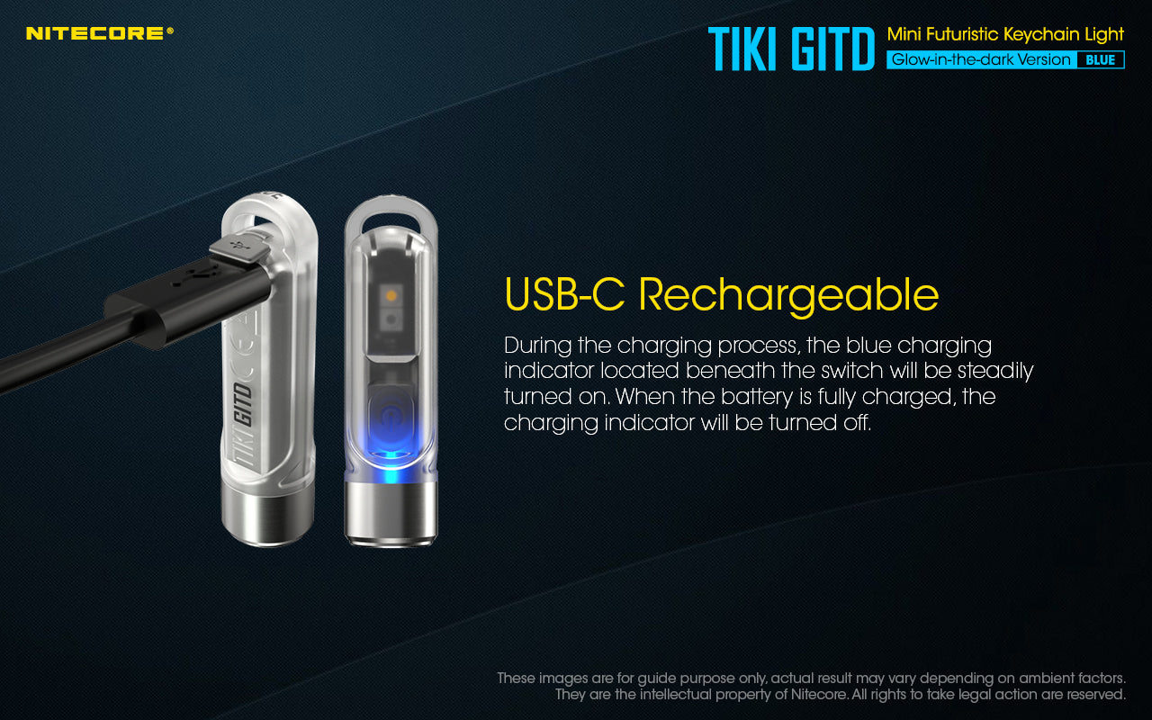 Nitecore TIKI GITD Blue Keychain Rechargeable Flashlight (300 Lumens)