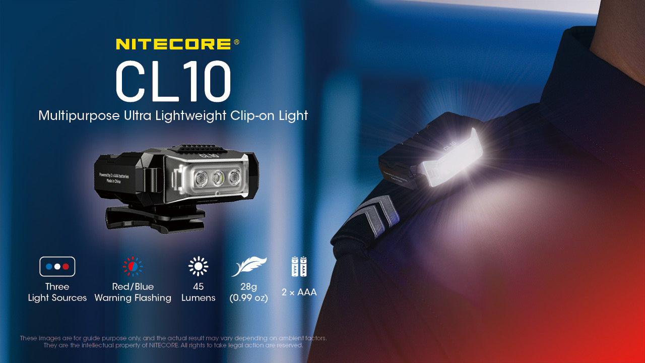 Nitecore CL10 Ultra Lightweight Clip-On Light With Red/Blue Flashing (45 Lumens)