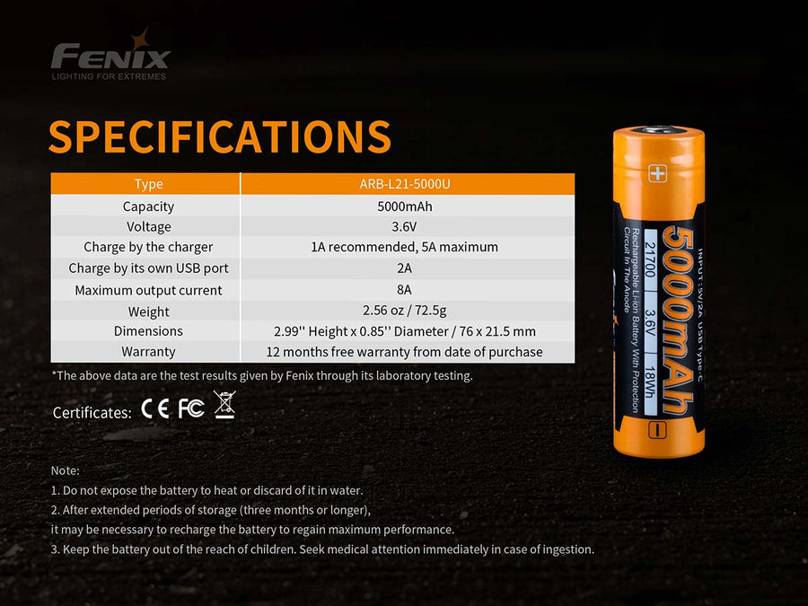 Fenix Battery 21700 ARB-L21-5000U Rechargeable