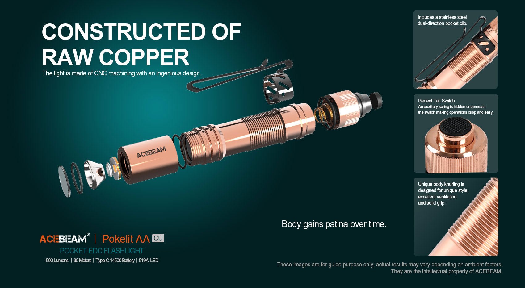 Acebeam Pokelit AA Cu Copper Flashlight (500 Lumens)