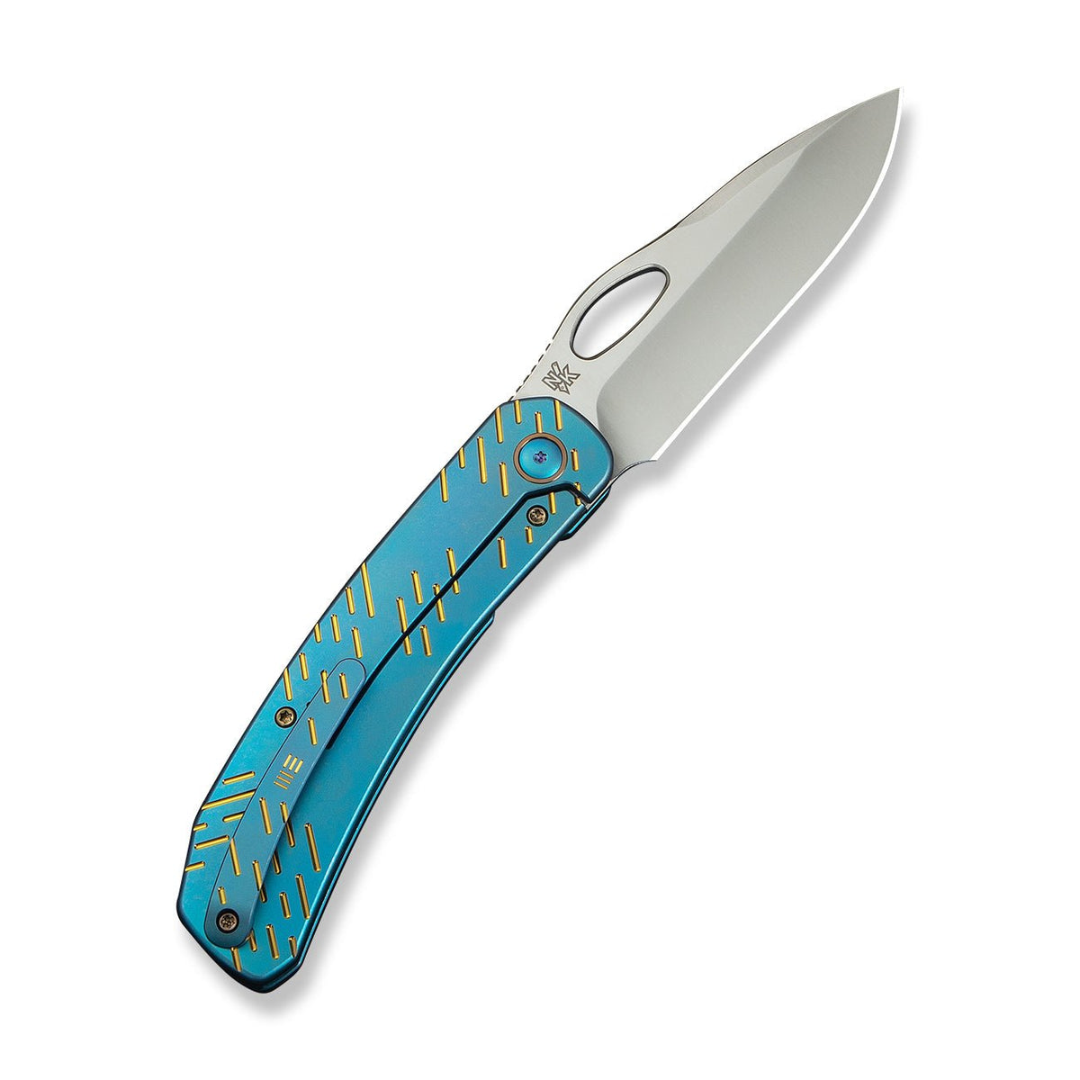 WE KNIFE WE23096B-3 Inmate (Blue Titanium Handle with Gold Raindrop)