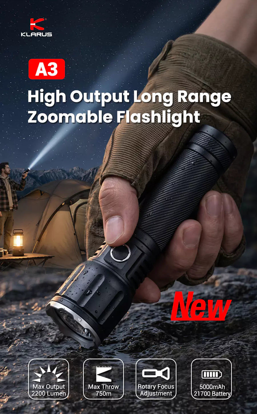 Klarus A3 V1 Rechargeable Zoomable Flashlight (2200 Lumens)