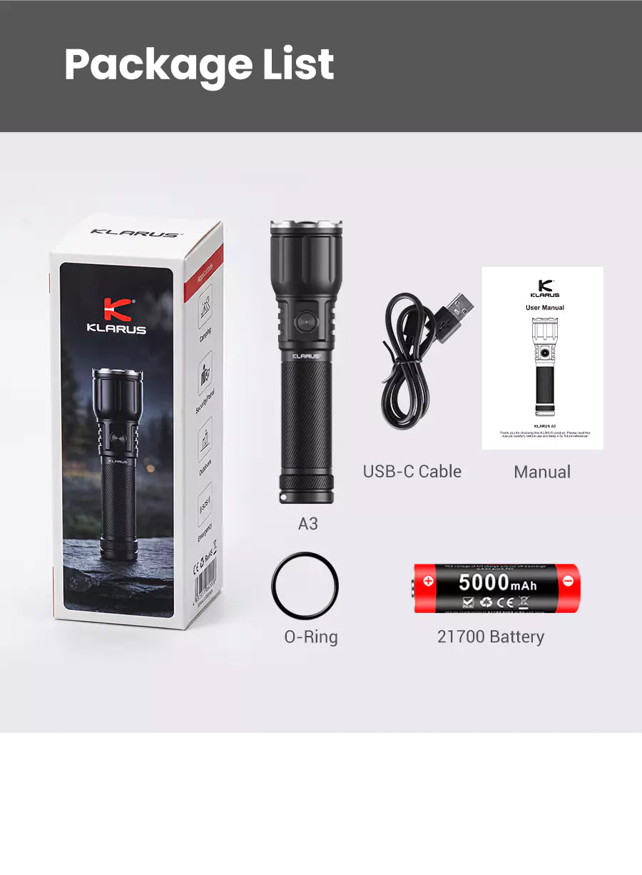Klarus A3 V1 Rechargeable Zoomable Flashlight (2200 Lumens)