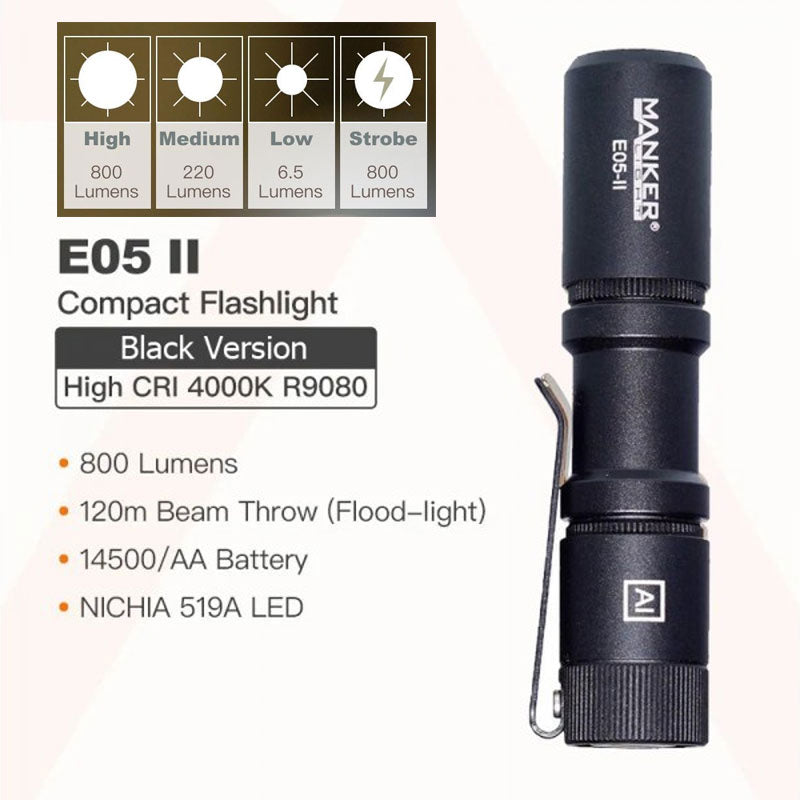 Manker E05 II EDC Rechargeable Flashlight (Black) (2 Versions)