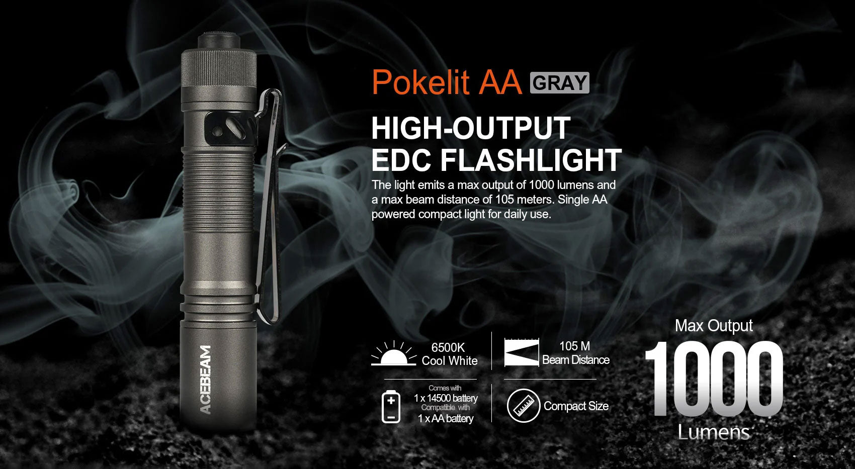Acebeam Pokelit AA Flashlight (1000 Lumens) (Grey)