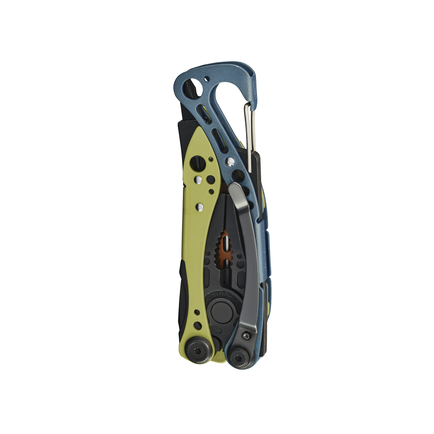 Leatherman Skeletool CX Multitool Aurora folded with carabiner clip