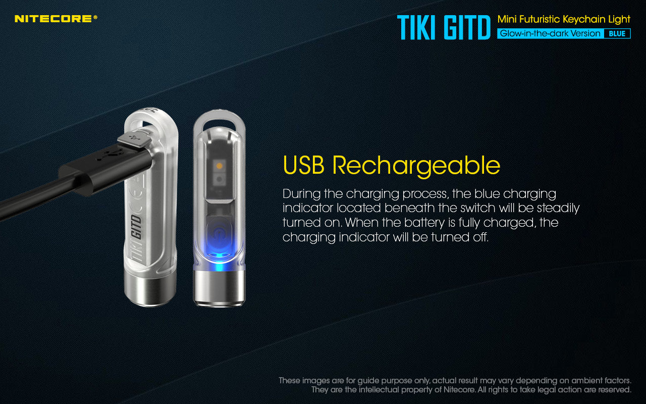 Nitecore TIKI GITD Blue Keychain Rechargeable Flashlight (300 Lumens)