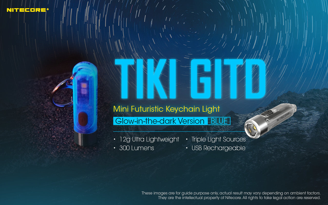 Nitecore TIKI GITD Blue Keychain Rechargeable Flashlight (300 Lumens)