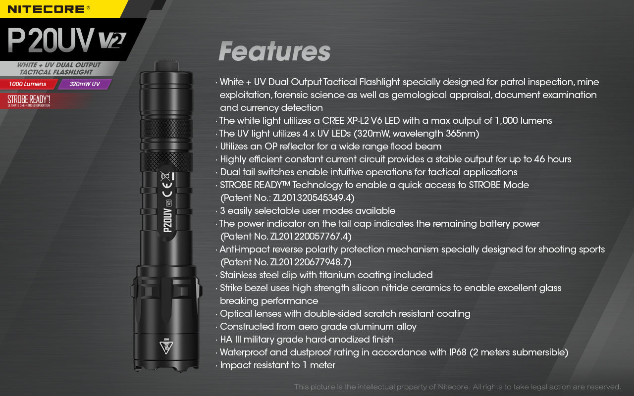 Nitecore P20UV V2 Flashlight (1000 Lumens)