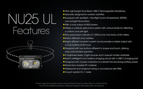 Nitecore NU25 UL Spotlight + Floodlight Rechargeable Headlamp (400 Lumens)