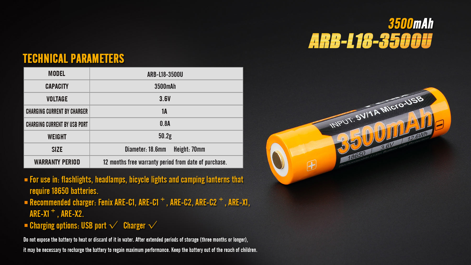 Fenix Battery 18650 ARB-L18-3500U Micro-USB Li-ion Rechargeable - Thomas Tools