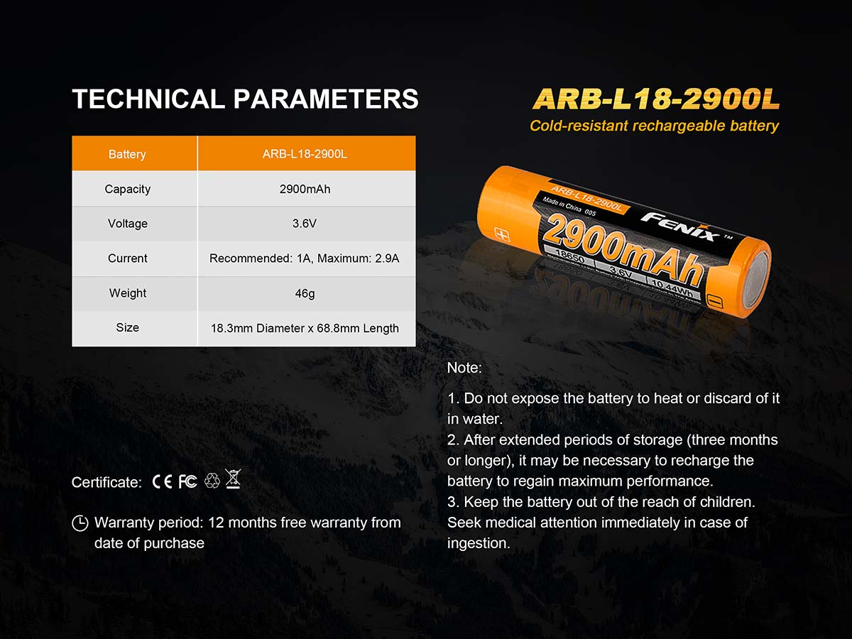 Fenix Battery 18650 ARB-L18-2900L Cold Resistant Rechargeable